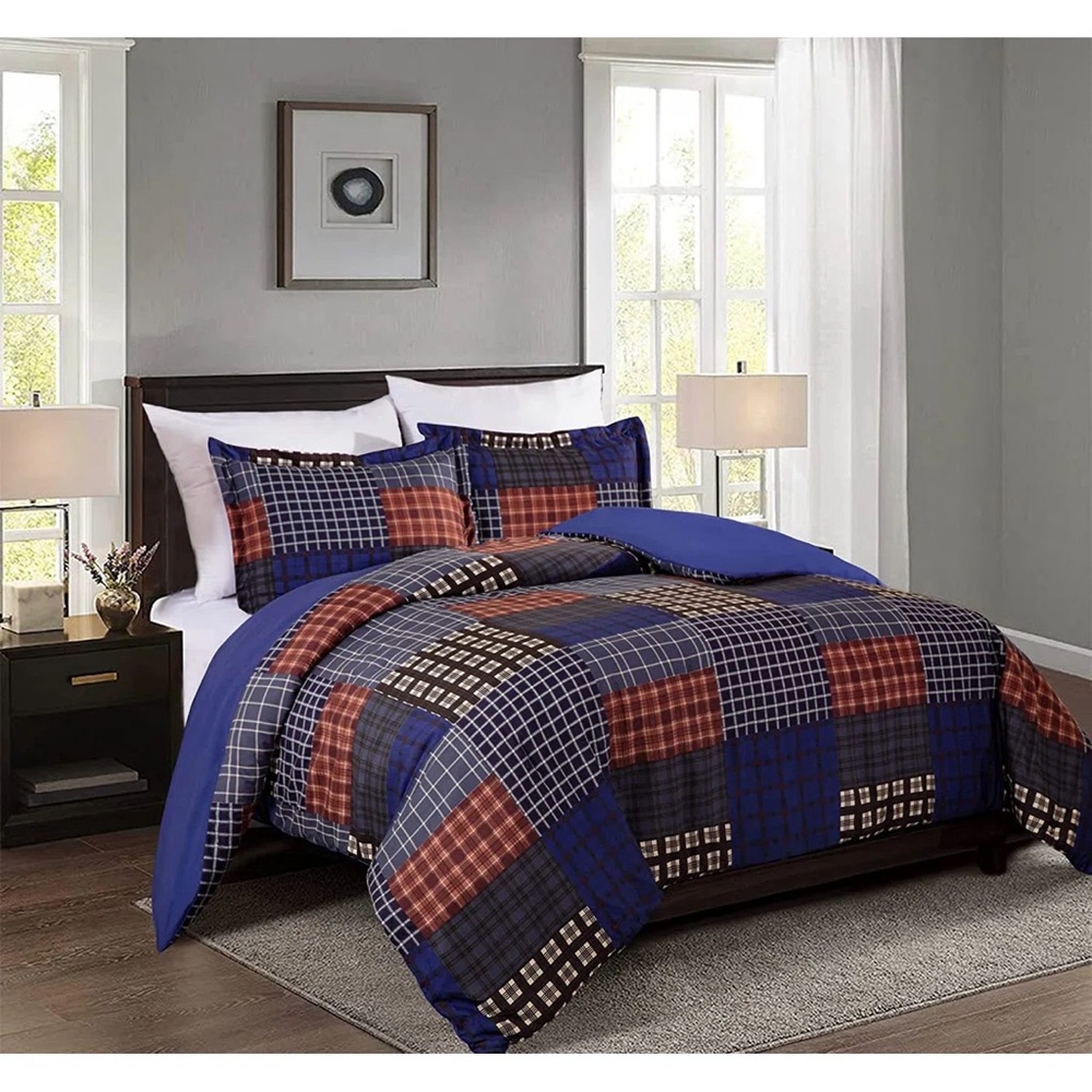Plaid Blue and Brown Queen 3 piece comforter Bedding Set